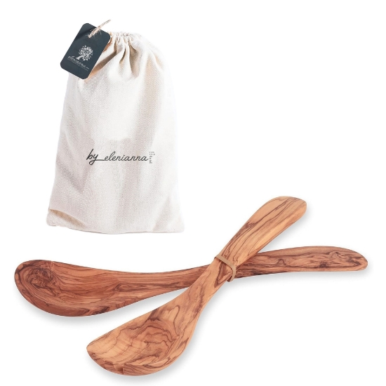 Salad Servers Olive Wood Wide Handle with Antibacterial Effect, Extra Hygienic