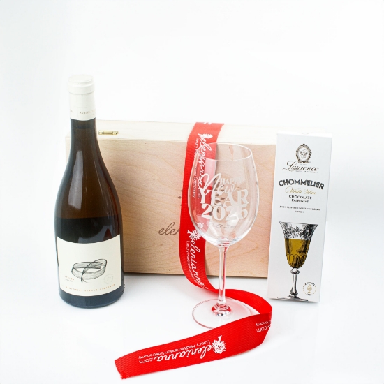 Premium wooden gift box with white wine, engraved bottle, glass, and chocolate